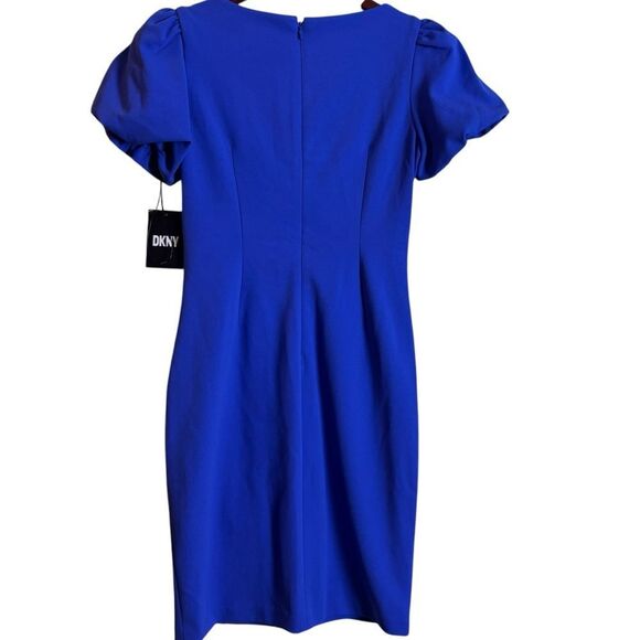DKNY Ruched Bubble Sleeve Mini Sheath Boatneck Dress Size 4P Cobalt Blue NEW - Picture 4 of 16